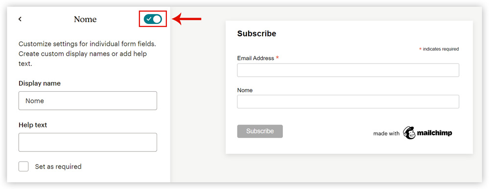 Captura de tela demonstrando qual botão clicar para adicionar um novo campo ao formulário do Mailchimp.