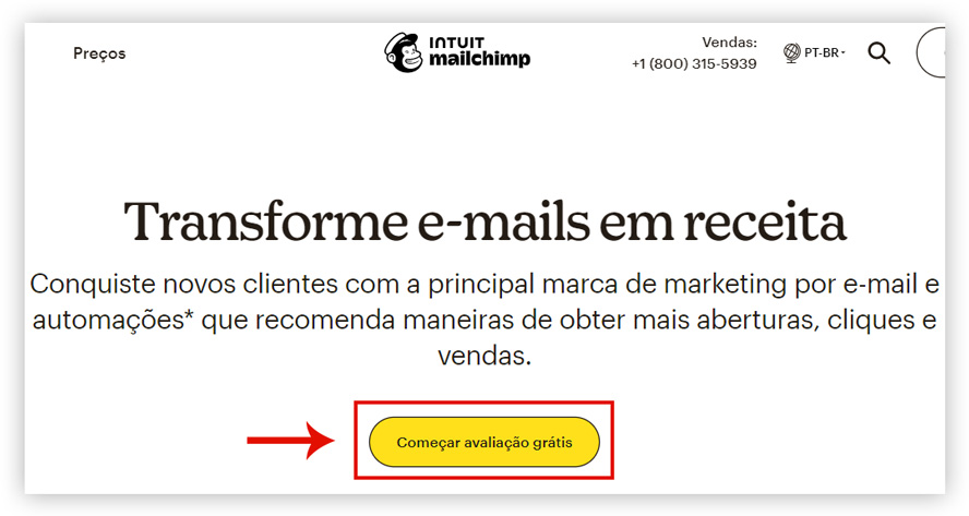 Captura de tela demonstrando onde entrar para criar uma nova conta no site do Mailchimp.