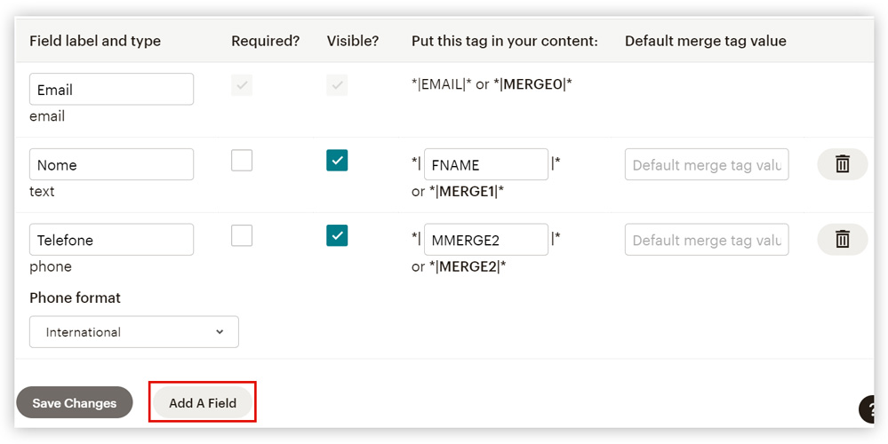 Captura de tela demonstrando como e onde criar um novo campo para o formulário do Mailchimp.