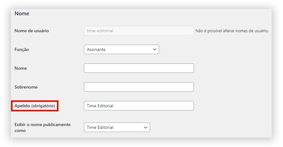 Captura de tela de onde editar o apelido do autor no WordPress.