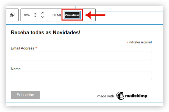 Captura de tela de como fica o formulário dentro do site WordPress após colar o código HTML dentro do bloco de HTML personalizado.
