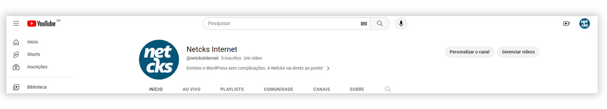 Pagina inicial do YouTube da Netcks.