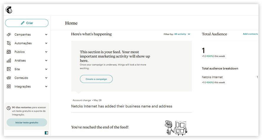 Captura de tela demonstrando a visão geral quando acessar sua conta dentro do Mailchimp.