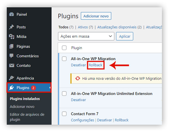 Captura de tela demonstrando como fazemos para reverter a versão de algum plugin com o WP Rollback no WordPress.