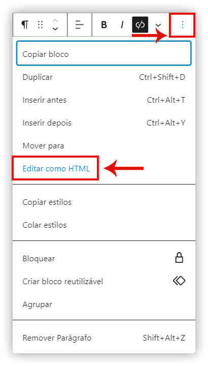 Captura de tela demonstrando como acessar o Editor de HTML do Gutenberg no WordPress.