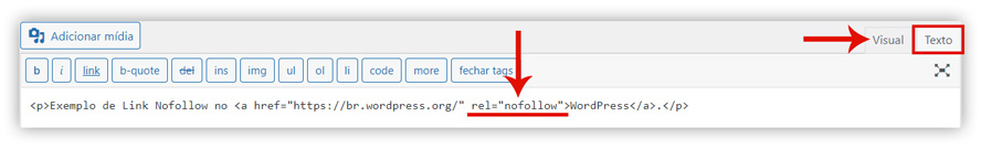 Captura de tela demonstrando como adicionar o código para link nofollow dentro da edição de 'texto' com o plugin Editor Clássico do WordPress.