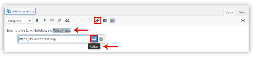 Captura de tela demonstrando como adicionar um link externo com o plugin Editor Clássico no WordPress.