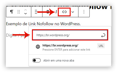 Captura de tela de como criar um link externo usando o editor Gutenberg no WordPress.