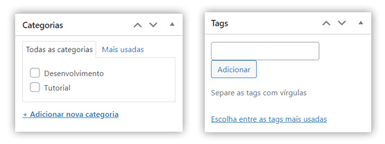 Captura de tela demonstrando as novas caixas de edição das páginas do WordPress, onde podemos agora atribuir categorias e tags às paginas.