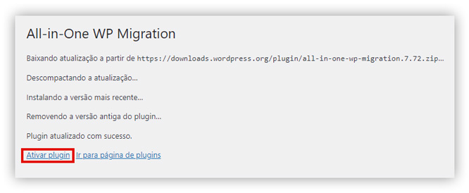 Captura de tela demonstrando a tela final de alteração de versão do plugin WP Rollback e demonstrando como ativar a nova versão dentro do WordPress.