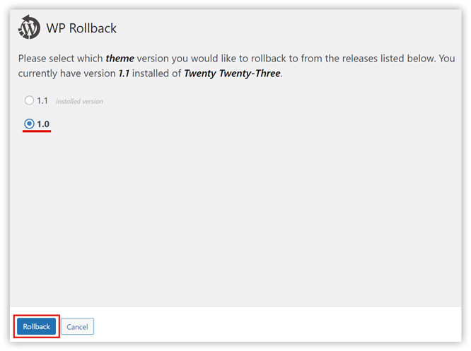 Captura de tela mostrando a seleção da versão desejada para o tema ser revertido no WordPress.