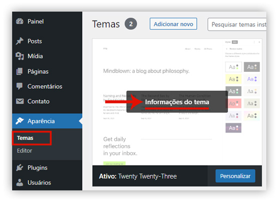 Captura de tela demonstrando como acessar o tema e clicar nele para poder fazer a reversão de versão no WordPress.