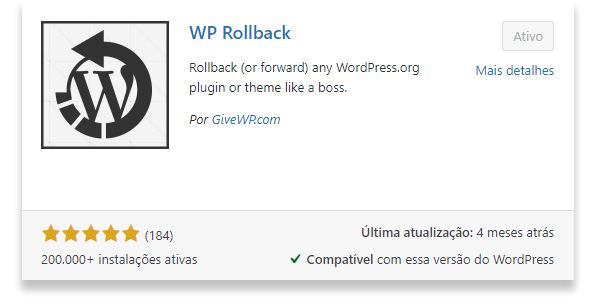 Captura de tela que mostra a aparência do plugin WP Rollback no WordPress.