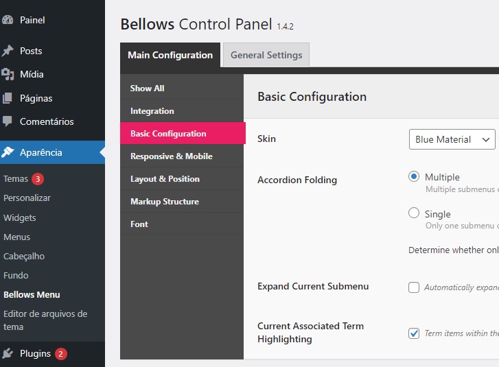 Imagem da tela de configuração do plugin Bellows no WordPress.