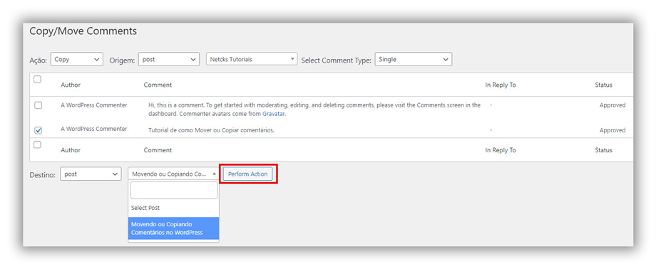 Imagem da captura de tela de como finalizar a copia de um comentário no plugin Copy or Move Comments do WordPress.