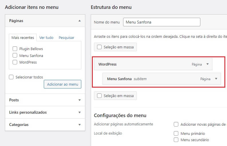 Print Screen de como ficam divididos os menus e subitens no WordPress