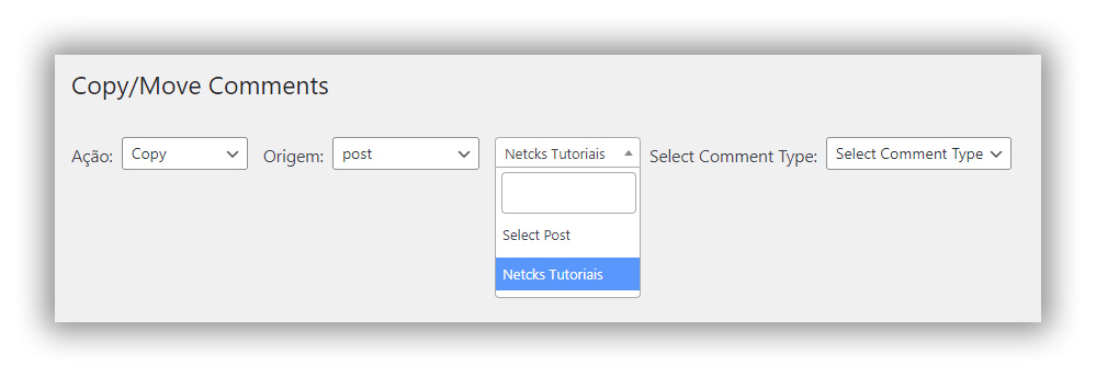 Imagem da captura de tela de como o menu do plugin "Move or Copy Comment" deve ser preenchido.