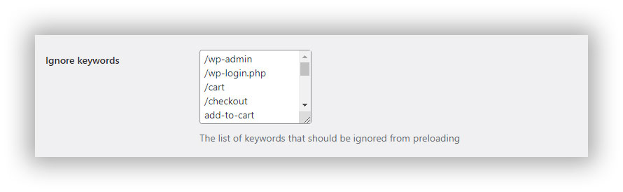 Imagem da captura de tela da opção de ignorar palavra-chave para pré-carregamento do plugin Flying Pages do WordPress.