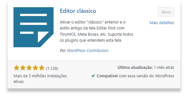 Captura de tela que mostra a aparência do plugin Editor Clássico no WordPress.