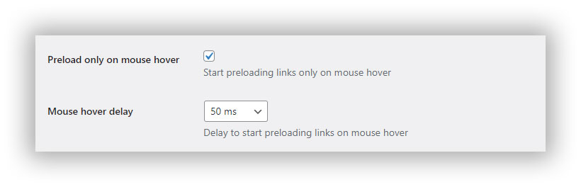 Imagem da captura de tela do 'Atraso de foco do mouse' no plugin Flying Pages do WordPress.
