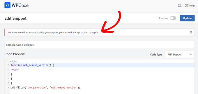 A imagem demonstra a edição de código necessária para correção do error de sintaxe em um Site WordPress, dentro do editor de trecho do WPCode.