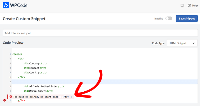 A imagem mostra a criação de um trecho personalizado dentro do Plugin WPCode. Apresentando os códigos para corrigir erros.